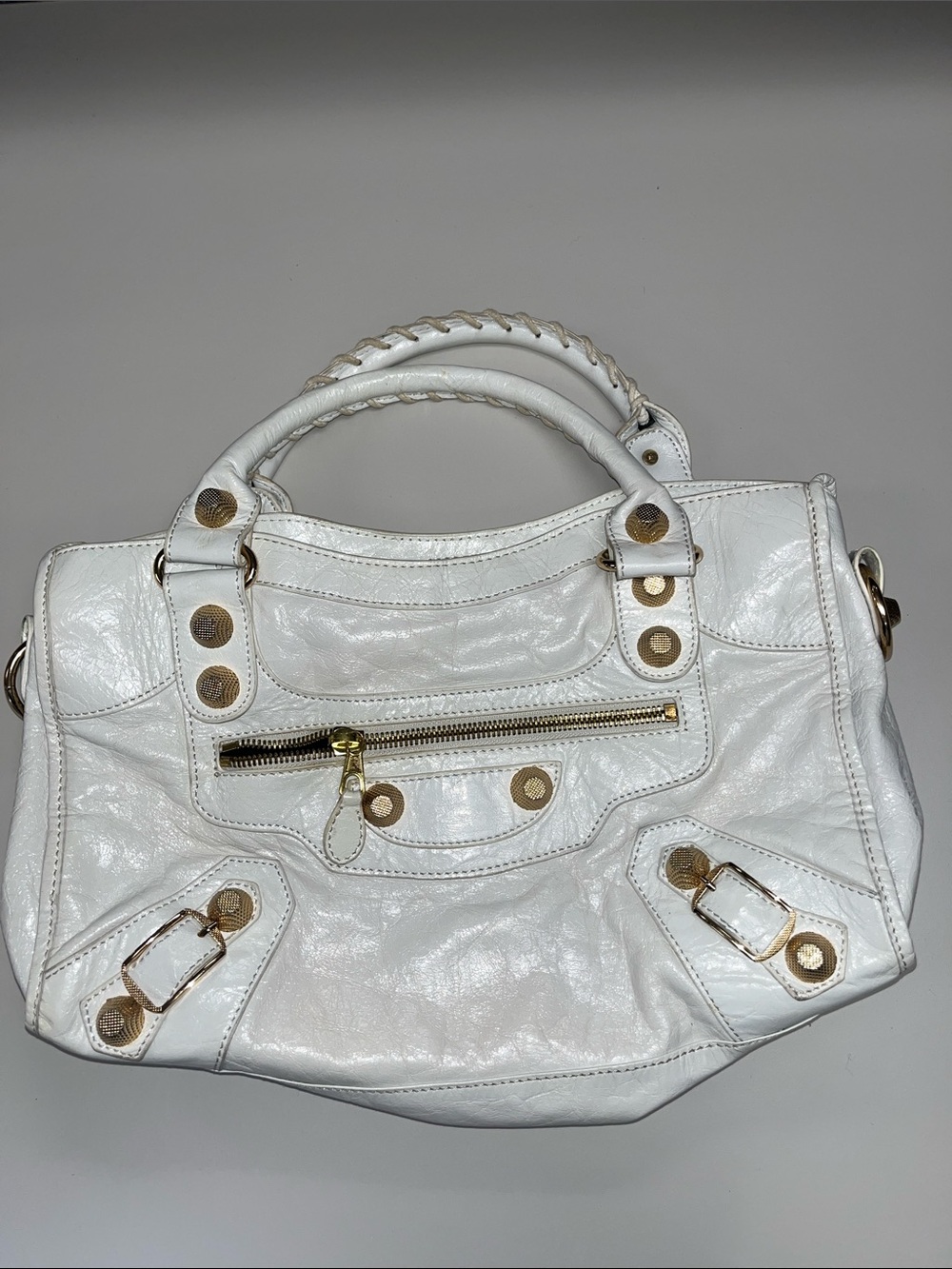 Lush White Leather Shoulder Bag with Gold Accents